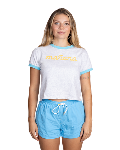 Cropped Logo Ringer - Heather Gray/Baby Blue