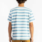 a man wearing a light blue/white tee shirt with big stripes and yellow shorts