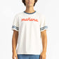 A man wearing Off White tee shirt having Manana branding with blue shorts