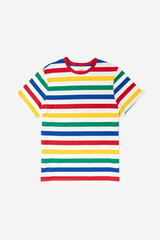 a multi color tee shirt with big stripes